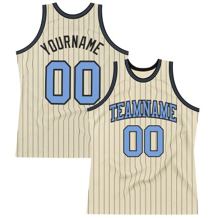Custom Authentic Basketball Jersey - Personalized Cream Black Pinstripe with Blue Team Name and Number Personalized Cream