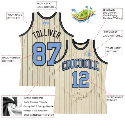 Custom Authentic Basketball Jersey - Personalized Cream Black Pinstripe with Blue Team Name and Number Personalized Cream