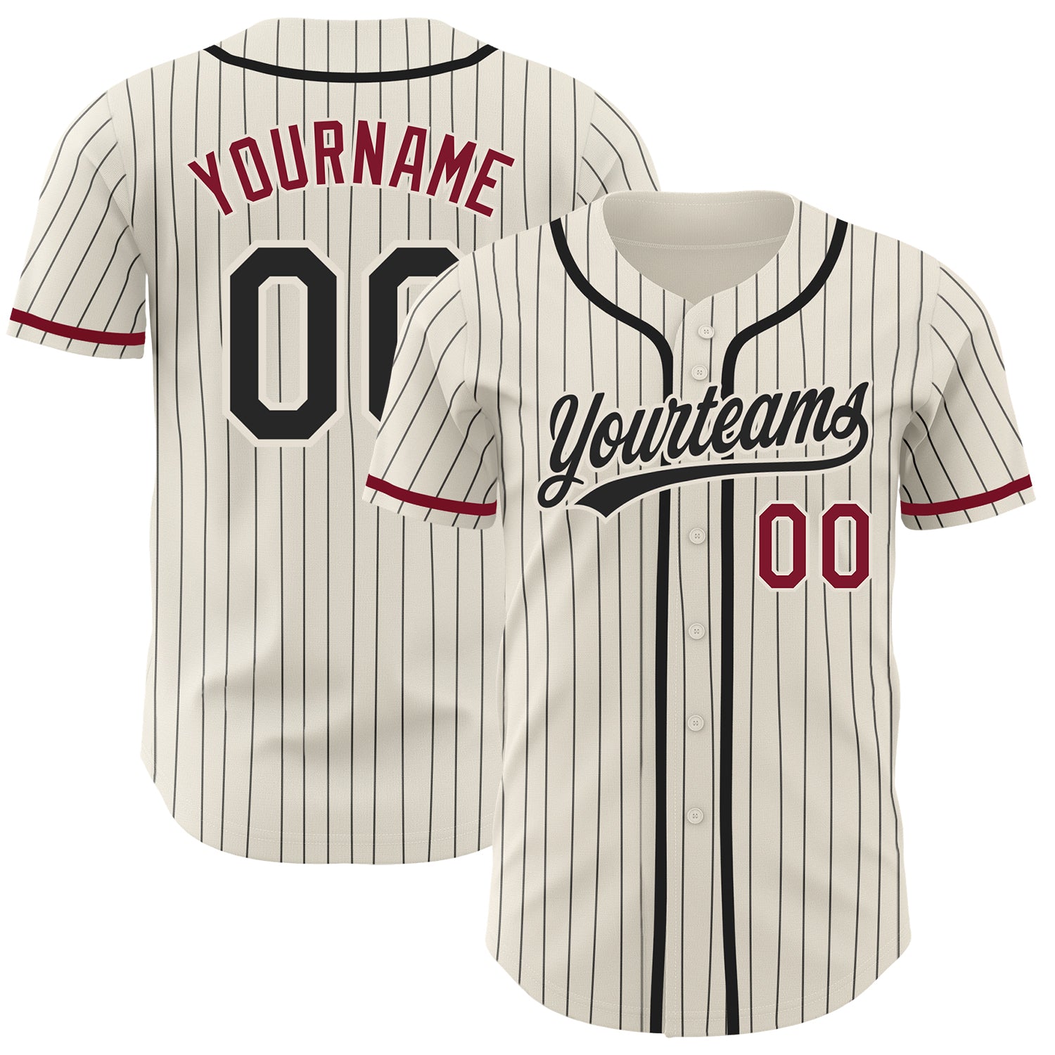 Custom Name and Number Personalized Baseball Jersey - Authentic Cream Black Pinstripe Crimson Design Personalized Cream Black