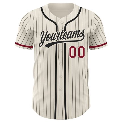Personalized Crimson Baseball Jersey with Cream Black Pinstripe Design Personalized Cream Black Pinstripe Crimson Baseball