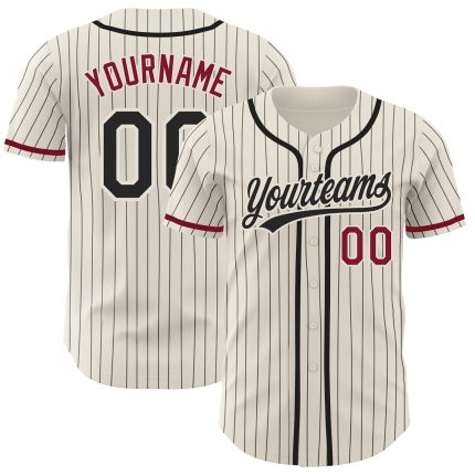 Personalized Crimson Baseball Jersey with Cream Black Pinstripe Design Personalized Cream Black Pinstripe Crimson Baseball