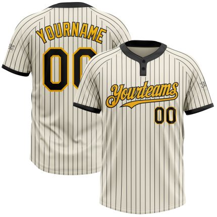 Personalized Unisex Gold Black Cream Pinstripe Softball Jersey - Two-Button Design Personalized Cream Black Pinstripe Gold