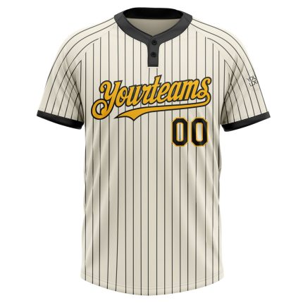 Personalized Unisex Gold Black Cream Pinstripe Softball Jersey - Two-Button Design Personalized Cream Black Pinstripe Gold