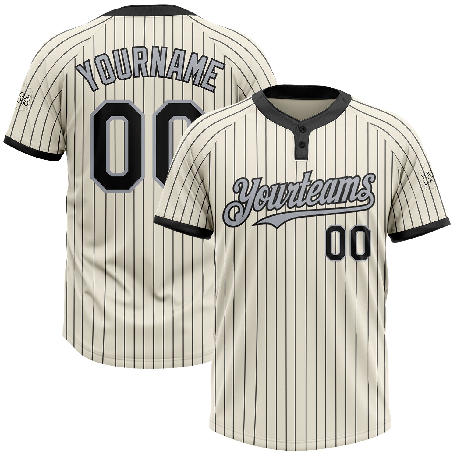 Personalized Gray Black Pinstripe Unisex Softball Jersey Two-Button Style Personalized Cream Black Pinstripe Gray Two-Button