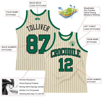 Custom Authentic Basketball Jersey with Personalized Name and Number - Cream Black Pinstripe Kelly Green Personalized Cream
