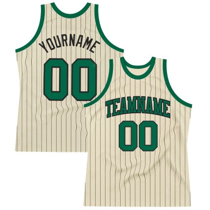 Custom Authentic Basketball Jersey with Personalized Name and Number - Cream Black Pinstripe Kelly Green Personalized Cream