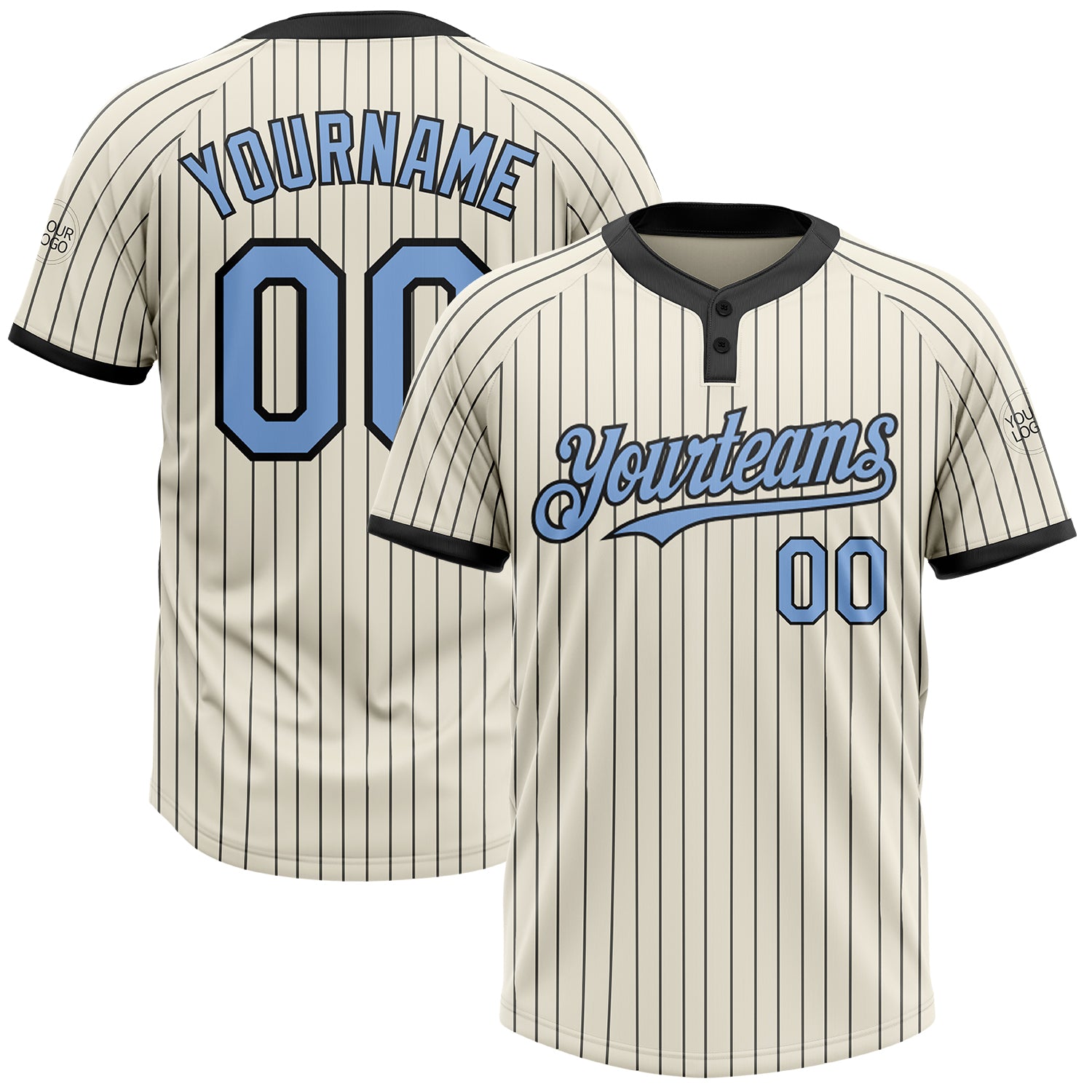 Personalized Light Blue Two-Button Softball Jersey for Unisex, Cream and Black Pinstripe Design Personalized Cream Black