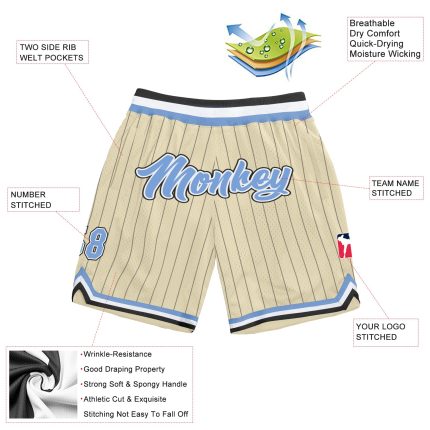 Personalized Basketball Shorts in Cream Black Pinstripe Light Blue and White Personalized Cream Black Pinstripe Light Blue-White