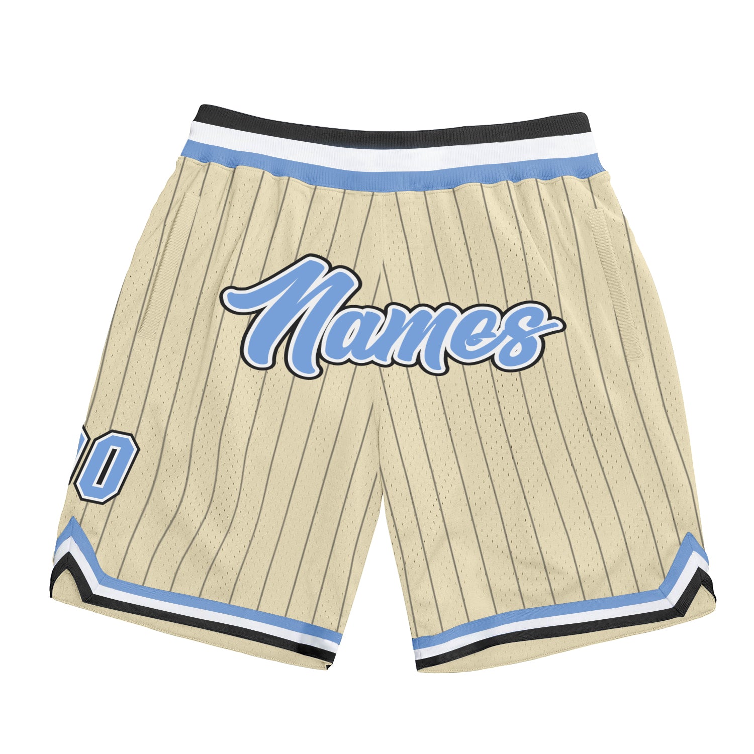 Personalized Basketball Shorts in Cream Black Pinstripe Light Blue and White Personalized Cream Black Pinstripe Light Blue-White