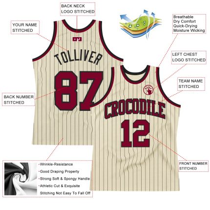 Personalized Maroon Basketball Jersey with Cream Black Pinstripe Design Personalized Cream Black Pinstripe Maroon Basketball