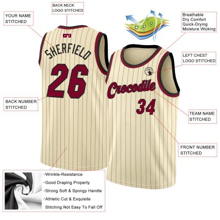 Custom Maroon Black Basketball Jersey - Personalized Pinstripe Team Name & Number, Authentic Design Personalized Cream Black