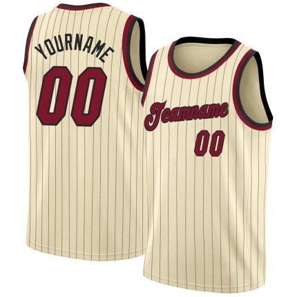 Custom Maroon Black Basketball Jersey - Personalized Pinstripe Team Name & Number, Authentic Design Personalized Cream Black