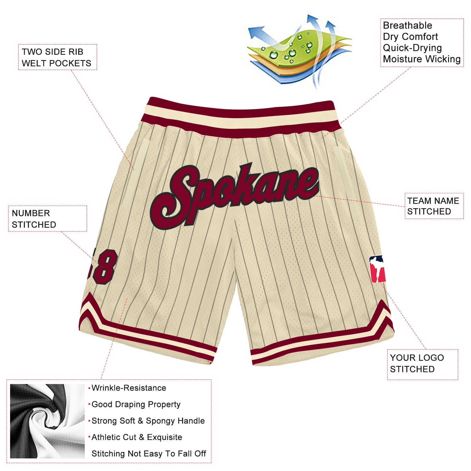Personalized Cream Black Pinstripe Maroon-Black Basketball Shorts Personalized Maroon Black Basketball Shorts with Cream Pinstripes Personalized Cream Black Pinstripe Maroon-Black Basketball - Image 2
