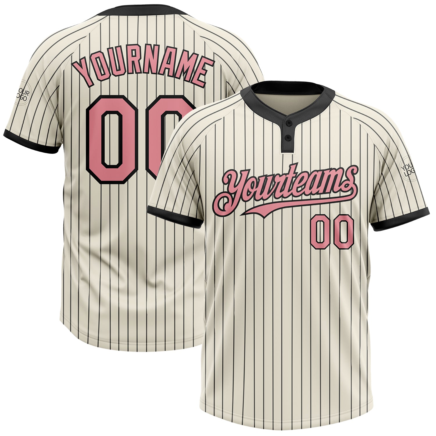 Custom Name and Number Unisex Softball Jersey - Personalized Medium Pink Two-Button Cream/Black Pinstripe Design Personalized