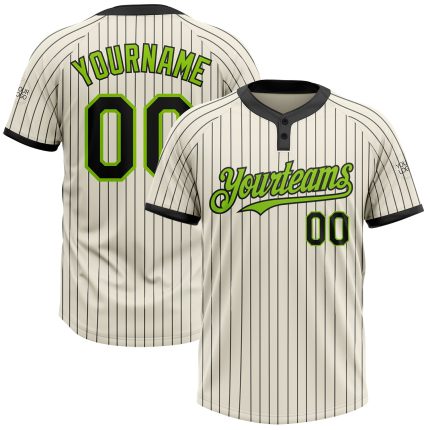 Personalized Unisex Softball Jersey Black Cream Neon Green Two-Button Pinstripe Personalized Cream Black Pinstripe Neon Green