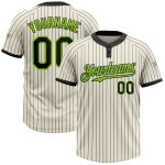 Custom Team Name and Number Unisex Softball Jersey in Cream Black Pinstripe with Neon Green Two-Button Design Personalized