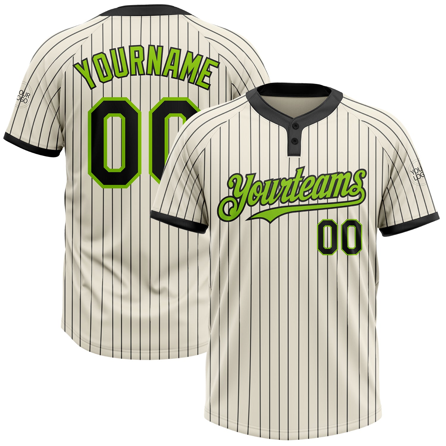 Custom Team Name and Number Unisex Softball Jersey in Cream Black Pinstripe with Neon Green Two-Button Design Personalized