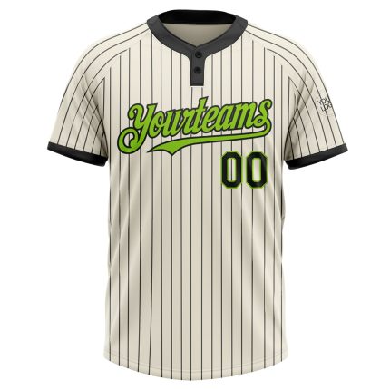Custom Team Name and Number Unisex Softball Jersey in Cream Black Pinstripe with Neon Green Two-Button Design Personalized