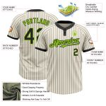 Custom Team Name and Number Unisex Softball Jersey in Cream Black Pinstripe with Neon Green Two-Button Design Personalized