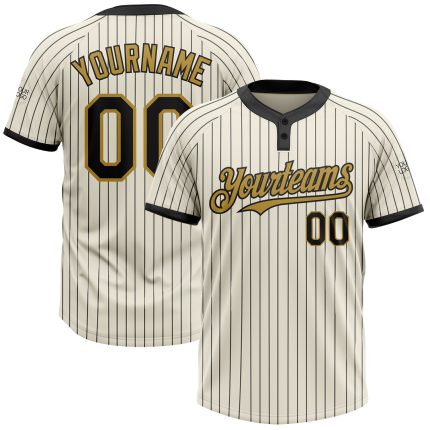 Personalized Black Pinstripe Softball Jersey in Cream and Old Gold - Unisex Two-Button Personalized Cream Black Pinstripe