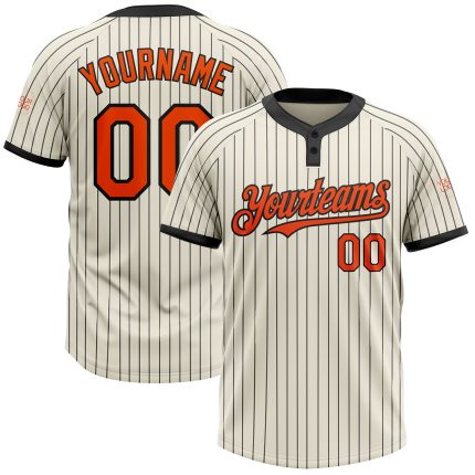 Personalized Unisex Softball Jersey - Cream Black Pinstripe Orange Two-Button Design Personalized Cream Black Pinstripe Orange