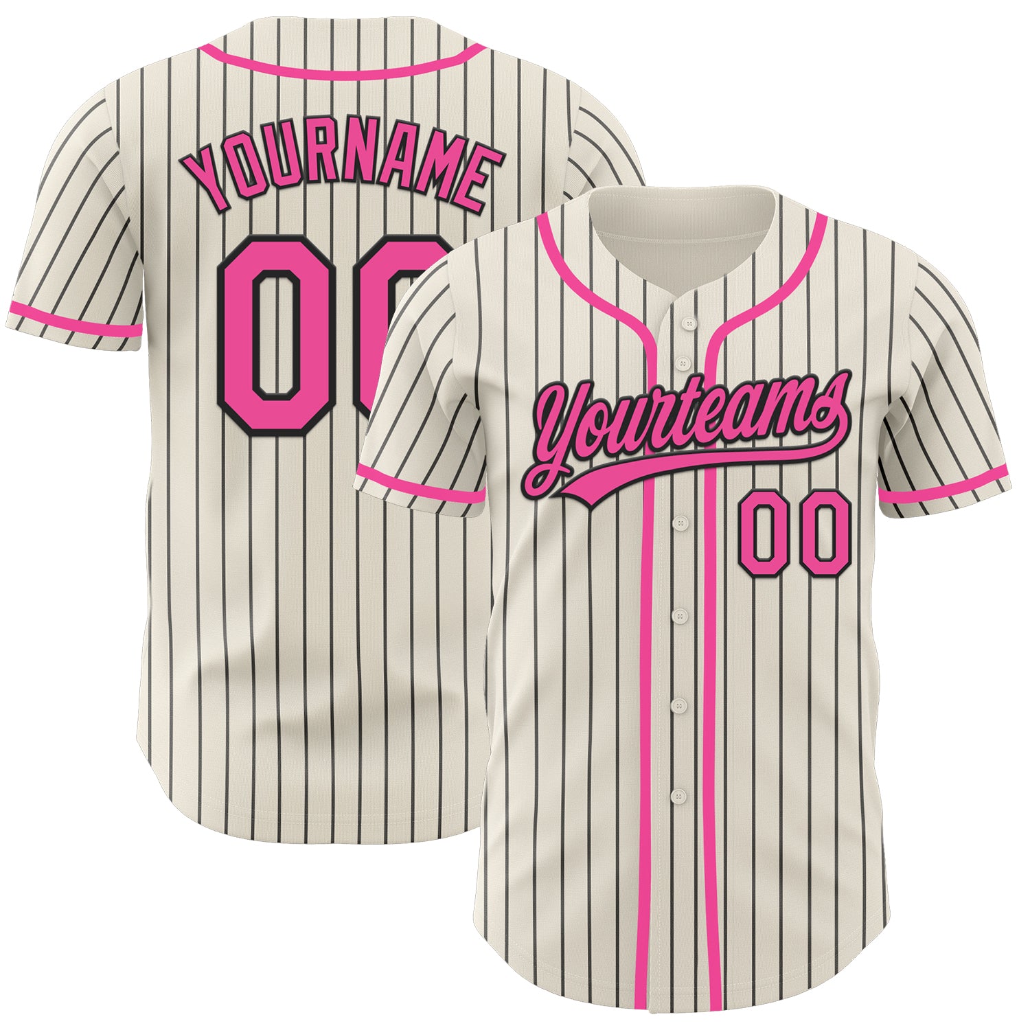 Personalized Pink Authentic Baseball Jersey with Cream and Black Pinstripe Design Personalized Cream Black Pinstripe Pink