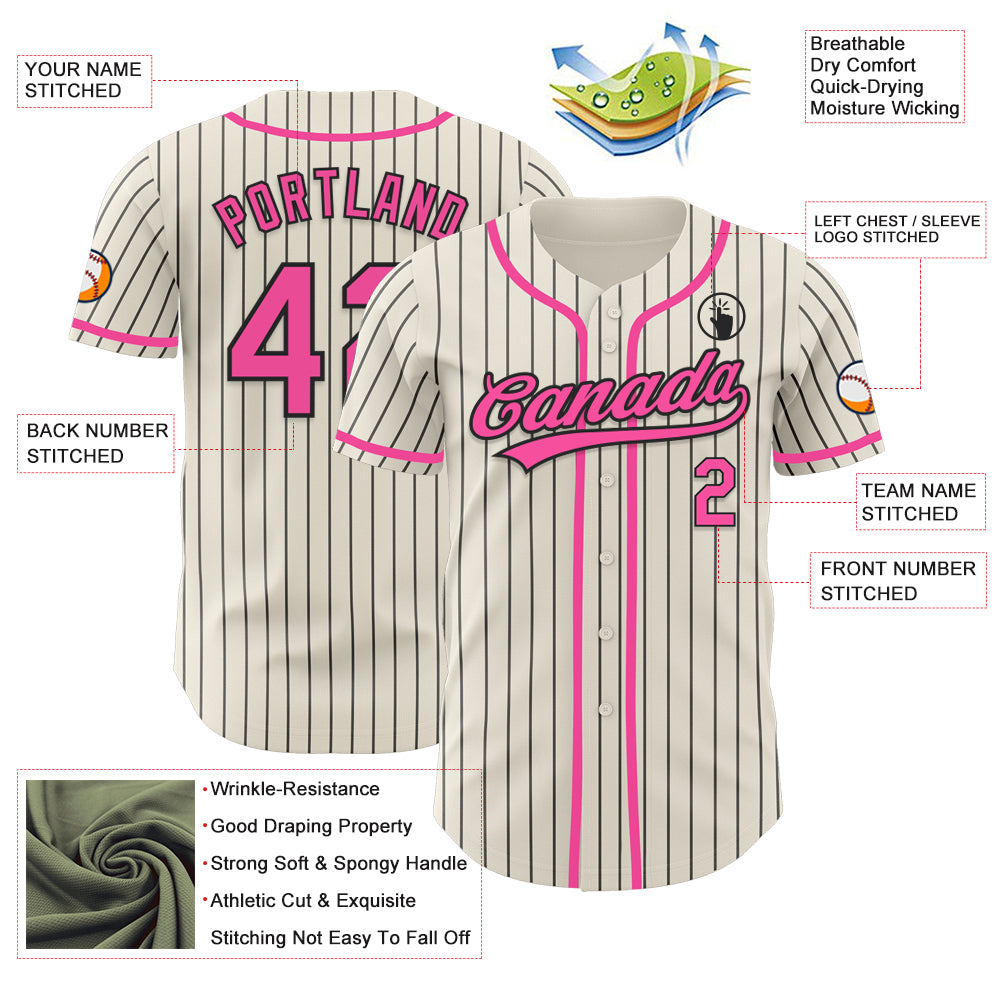 Personalized Cream Black Pinstripe Pink Baseball Jersey 2 Personalized Pink Black Pinstripe Baseball Jersey for Kids and Adults Personalized Cream Black Pinstripe Pink Baseball Jersey - Image 3