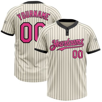 Personalized Pink Two-Button Unisex Softball Jersey with Cream Black Pinstripe Personalized Cream Black Pinstripe Pink Two-Button