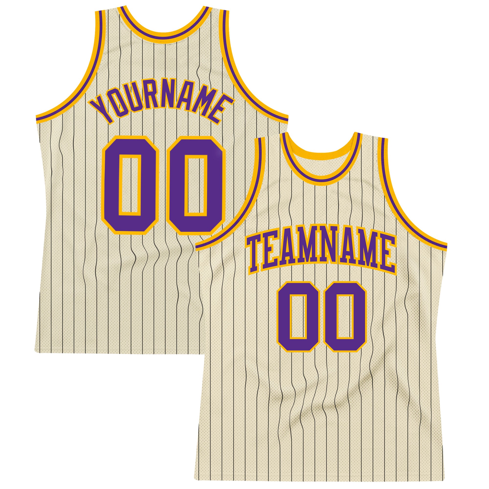 Custom Personalized Basketball Jersey - Authentic Cream Black Pinstripe with Purple-Gold | Team Name & Number Personalized