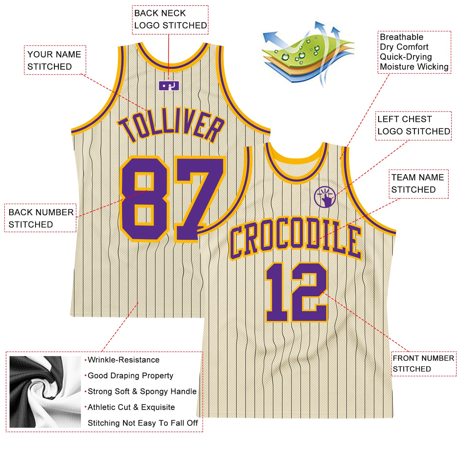 Personalized Cream Black Pinstripe Purple-Gold Basketball Jersey Personalized Purple Gold Black Pinstripe Basketball Jersey - Custom Cream Jersey Personalized Cream Black Pinstripe Purple-Gold - Image 2