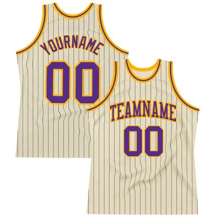 Personalized Purple Gold Black Pinstripe Basketball Jersey - Custom Cream Jersey Personalized Cream Black Pinstripe Purple-Gold