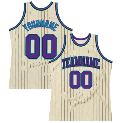 Personalized Black Pinstripe Basketball Jersey Cream Purple-Teal Design Personalized Cream Black Pinstripe Purple-Teal Basketball