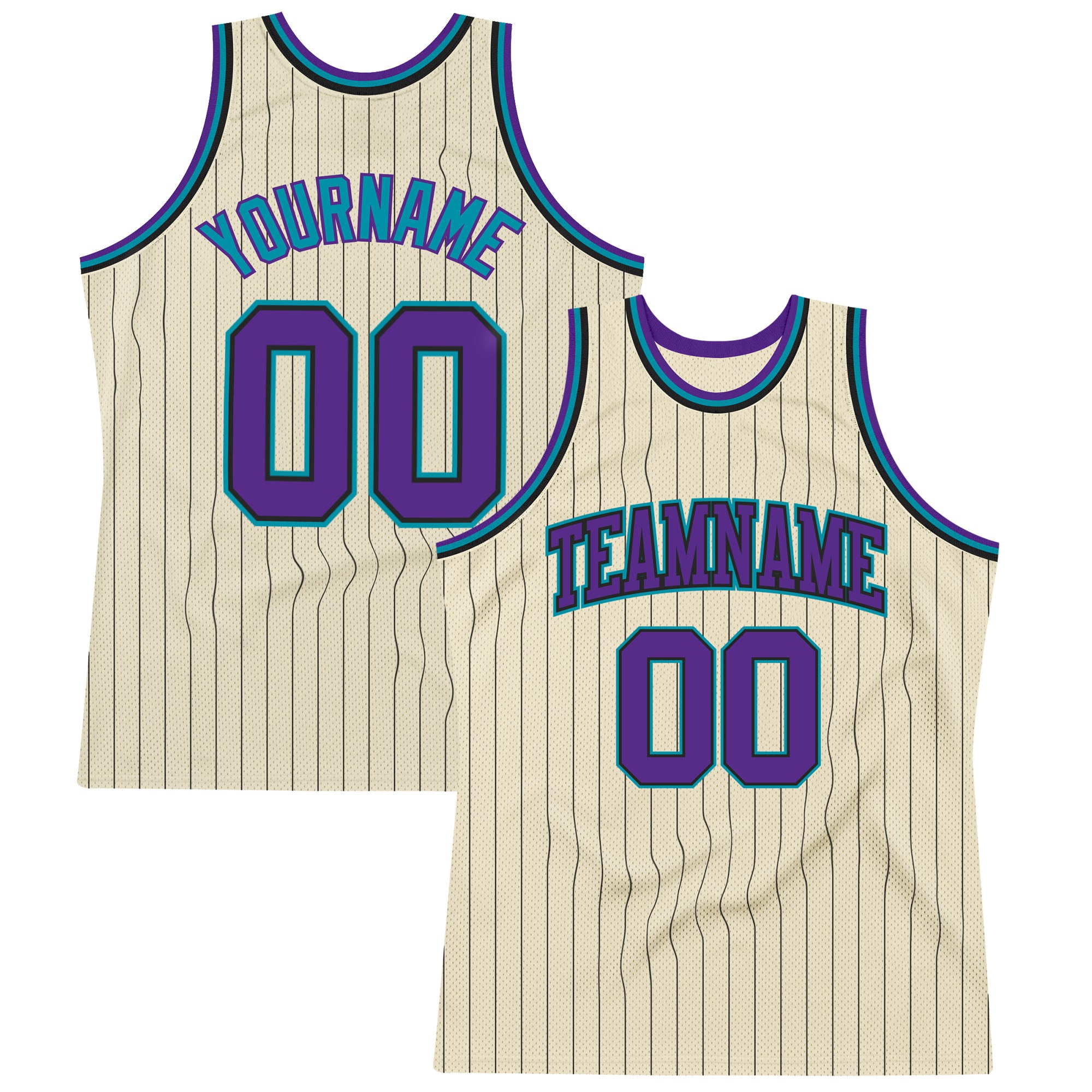 Personalized Black Pinstripe Basketball Jersey Cream Purple-Teal Design Personalized Cream Black Pinstripe Purple-Teal Basketball