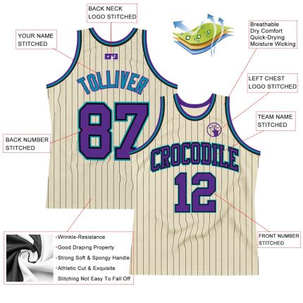 Personalized Black Pinstripe Basketball Jersey Cream Purple-Teal Design Personalized Cream Black Pinstripe Purple-Teal Basketball