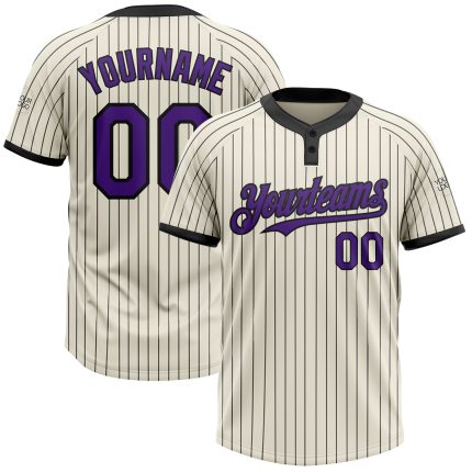 Personalized Unisex Two-Button Softball Jersey in Cream Black Pinstripe Purple Personalized Cream Black Pinstripe Purple