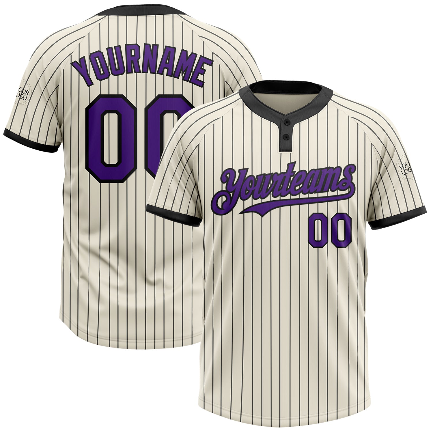 Custom Team Softball Jersey Unisex Two-Button Purple Cream Black Pinstripe with Personalized Name and Number Personalized
