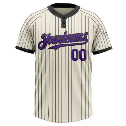 Personalized Unisex Two-Button Softball Jersey in Cream Black Pinstripe Purple Personalized Cream Black Pinstripe Purple