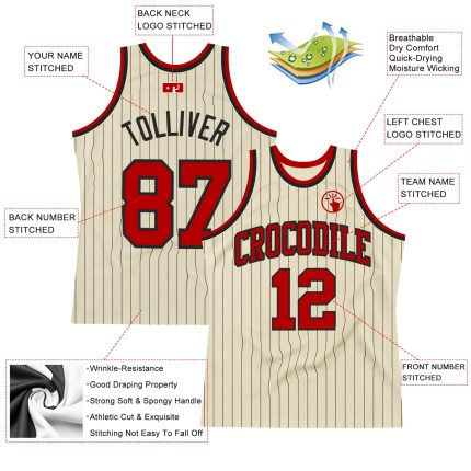 Custom Basketball Jersey with Personalized Name and Number, Cream Black Pinstripe, Authentic Design Personalized Cream Black