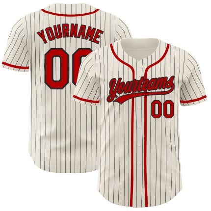 Personalized Black Pinstripe Red Baseball Jersey for Men and Women Personalized Cream Black Pinstripe Red Baseball Jersey