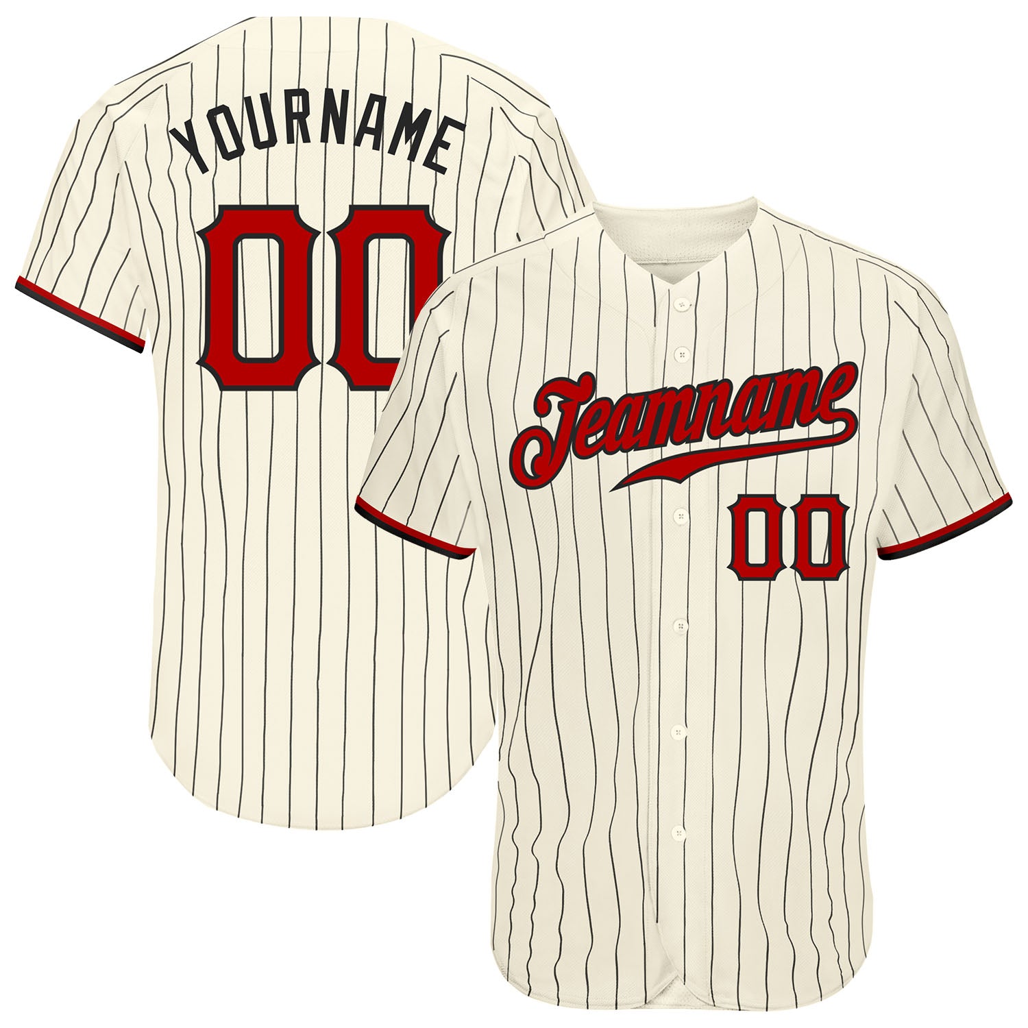 Custom Personalized Red-Black Baseball Jersey with Cream Black Pinstripe, Team Name & Number Personalized Cream Black Pinstripe