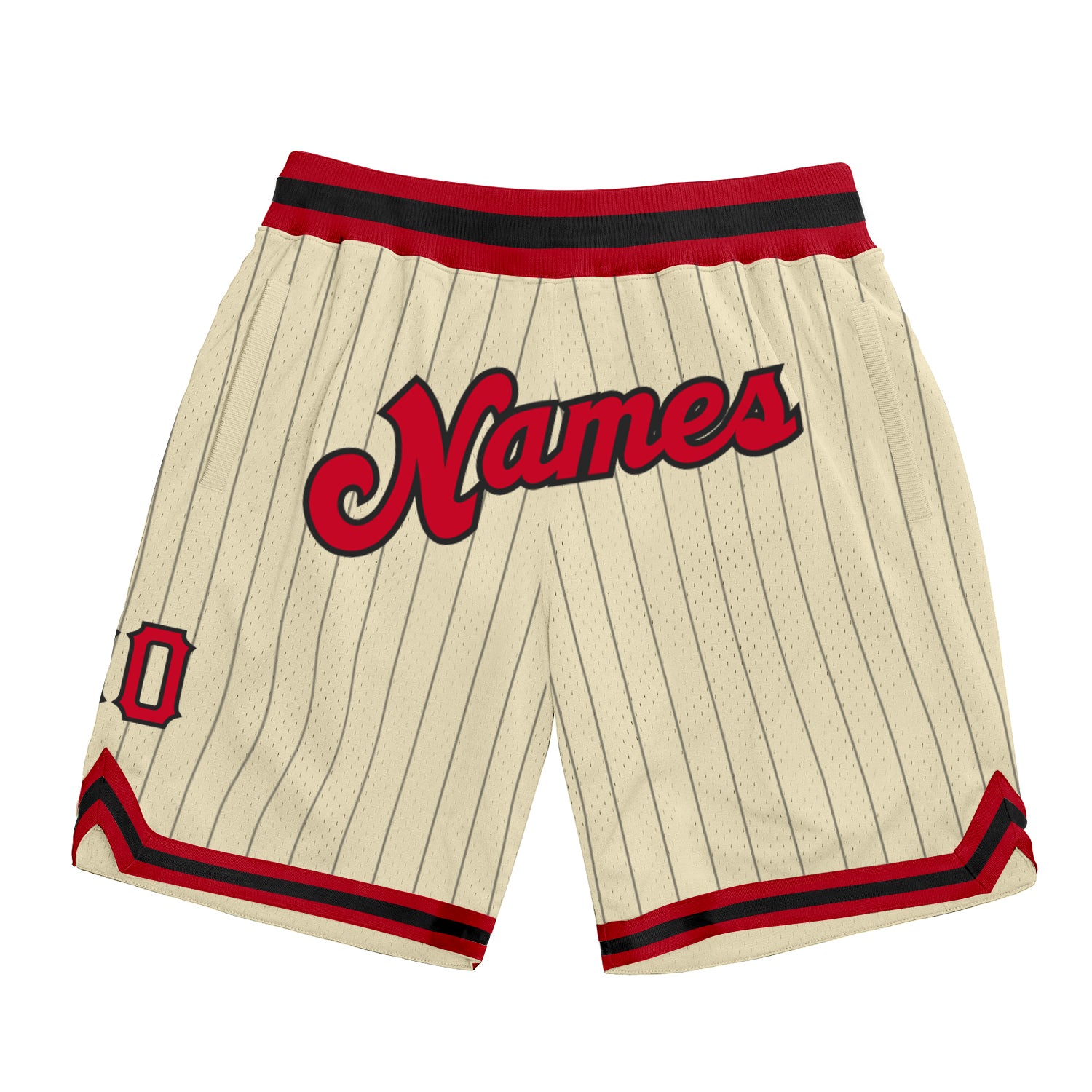 Custom Name Number Basketball Shorts Red Black Cream Pinstripe Authentic Team Gear Personalized Cream Black Pinstripe Red-Black
