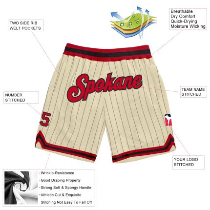 Custom Name Number Basketball Shorts Red Black Cream Pinstripe Authentic Team Gear Personalized Cream Black Pinstripe Red-Black