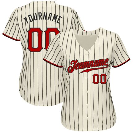 Personalized Red-Black Baseball Jersey with Cream and Black Pinstripes Personalized Cream Black Pinstripe Red-Black Baseball