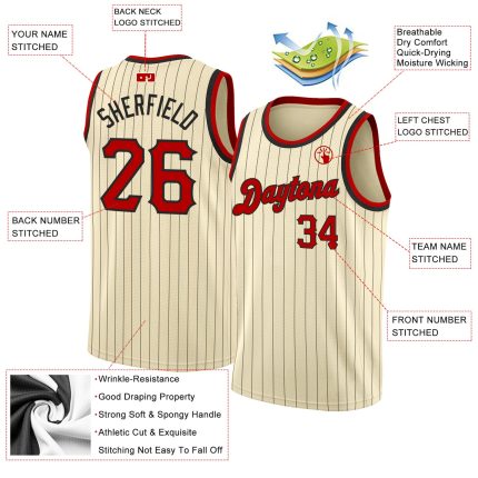 Personalized Red-Black Basketball Jersey with Cream Black Pinstripe Design Personalized Cream Black Pinstripe Red-Black Basketball