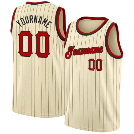 Personalized Red-Black Basketball Jersey with Cream Black Pinstripe Design Personalized Cream Black Pinstripe Red-Black Basketball