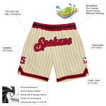 Custom Red-Black Basketball Shorts with Cream Black Pinstripe Design Personalized Cream Black Pinstripe Red-Black Basketball