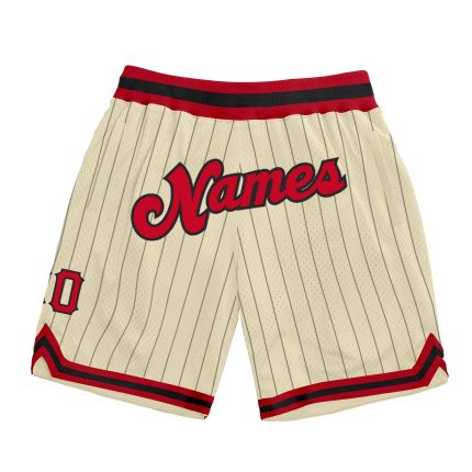 Custom Red-Black Basketball Shorts with Cream Black Pinstripe Design Personalized Cream Black Pinstripe Red-Black Basketball