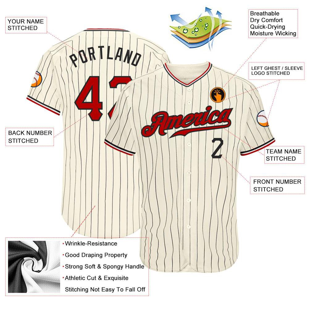 Personalized Black-White Red Cream Pinstripe Baseball Jersey for Men Personalized Cream Black Pinstripe Red Black-White Baseball - Image 3