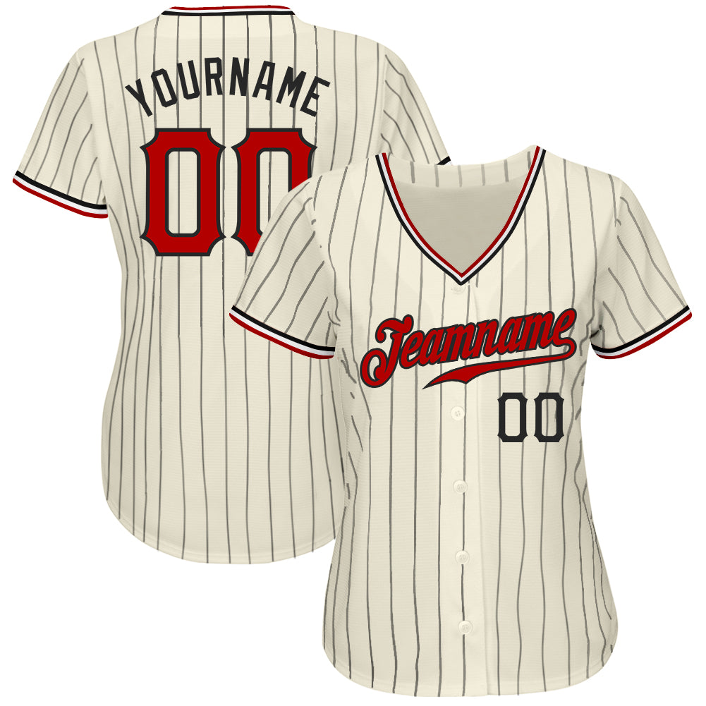 Personalized Black-White Red Cream Pinstripe Baseball Jersey for Men Personalized Cream Black Pinstripe Red Black-White Baseball - Image 2