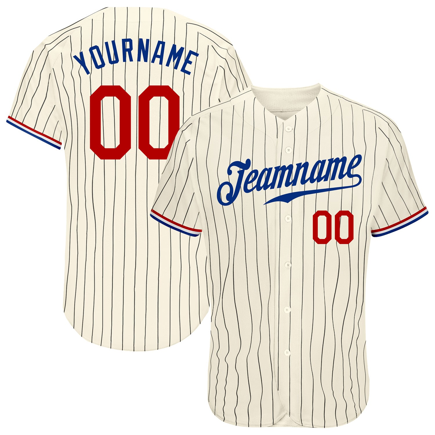 Custom Personalized Black Pinstripe Baseball Jersey with Red-Royal Trim | Authentic Team Layout - Name & Number Personalized